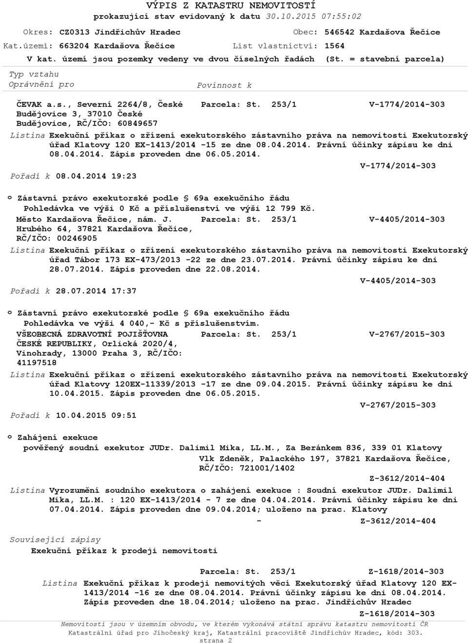 EX-1413/2014-15 ze dne 08.04.2014. Právní účinky zápisu ke dni 08.04.2014. Zápis prveden dne 06.05.2014. V-1774/2014-303 Přadí k 08.04.2014 19:23 Phledávka ve výši 0 Kč a příslušenství ve výši 12 799 Kč.