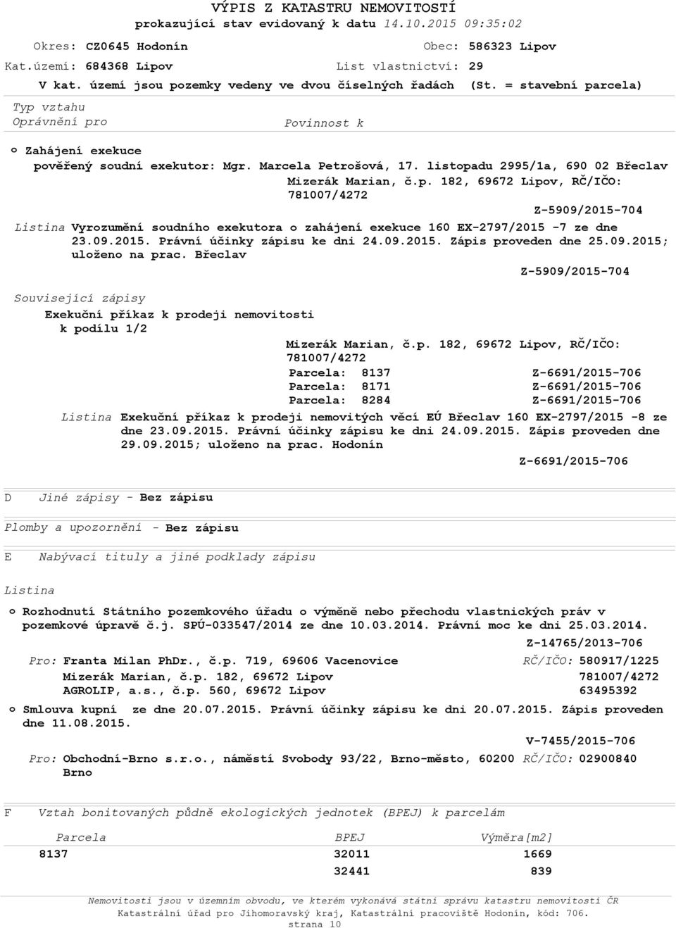 listpadu 2995/1a, 690 02 Břeclav Z-5909/2015-704 Vyrzumění sudníh exekutra zahájení exekuce 160 EX-2797/2015-7 ze dne 23.09.2015. Právní účinky zápisu ke dni 24.09.2015. Zápis prveden dne 25.09.2015; ulžen na prac.