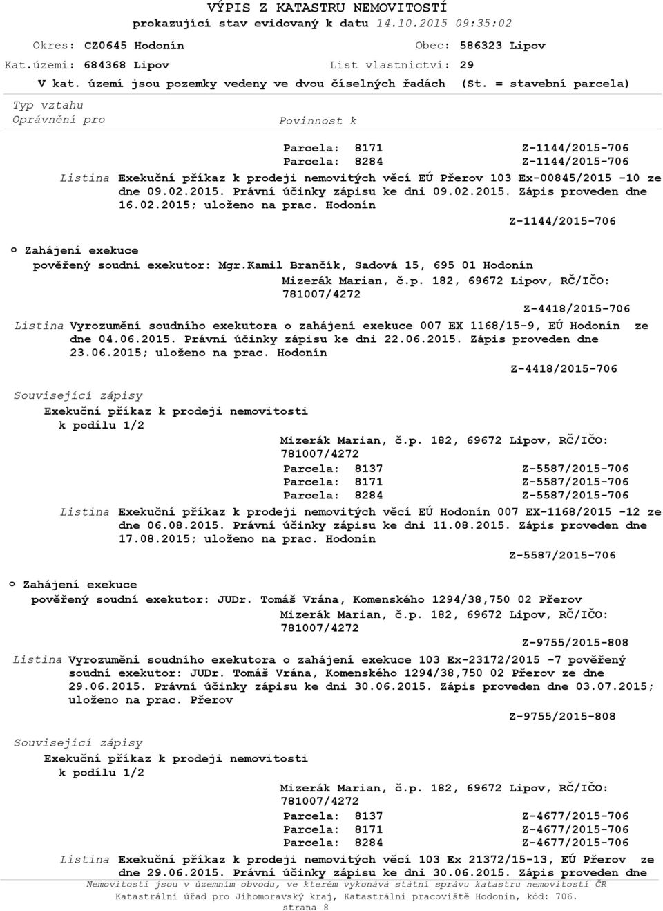 02.2015. Zápis prveden dne 16.02.2015; ulžen na prac. Hdnín Z-1144/2015-706 Zahájení exekuce pvěřený sudní exekutr: Mgr.