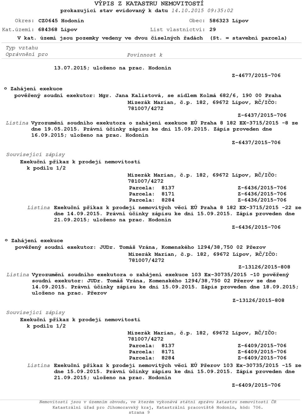 Jana Kalistvá, se sídlem Klmá 682/6, 190 00 Praha Z-6437/2015-706 Vyrzumění sudníh exekutra zahájení exekuce EÚ Praha 8 182 EX-3715/2015-8 ze dne 19.05.2015. Právní účinky zápisu ke dni 15.09.2015. Zápis prveden dne 16.