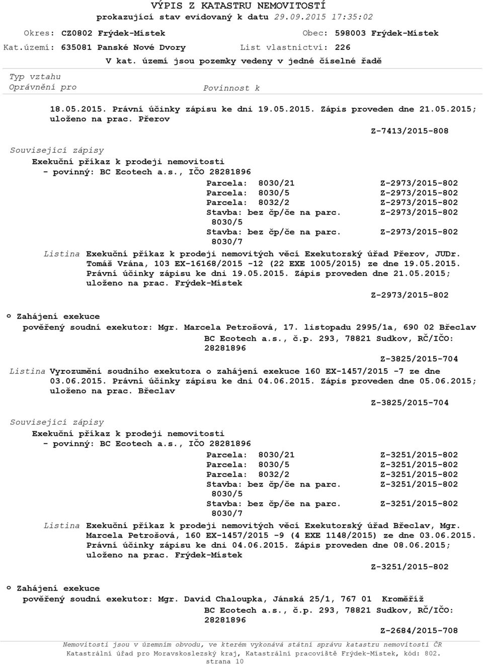 Marcela Petršvá, 17. listpadu 2995/1a, 690 02 Břeclav BC Ectech a.s., č.p. 293, 78821 Sudkv, RČ/IČO: Z-3825/2015-704 Vyrzumění sudníh exekutra zahájení exekuce 160 EX-1457/2015-7 ze dne 03.06.2015. Právní účinky zápisu ke dni 04.