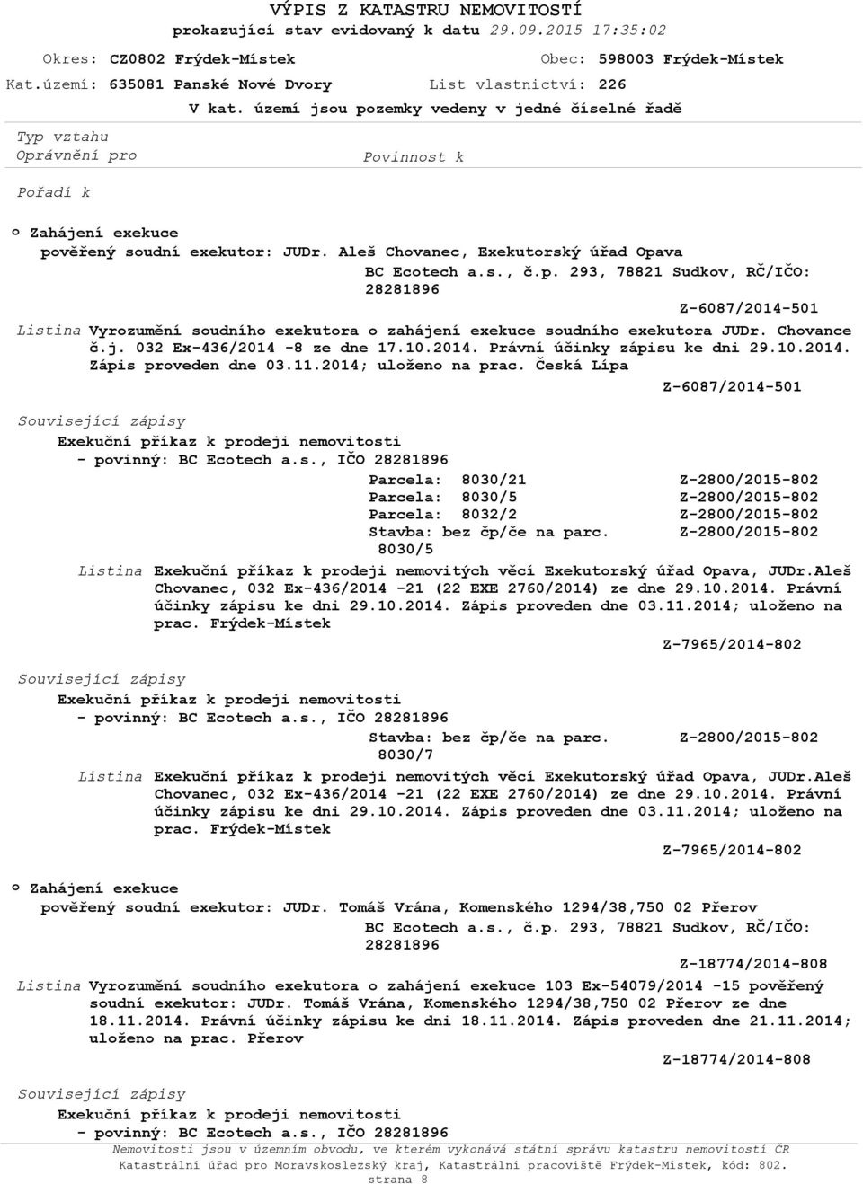 Chvance č.j. 032 Ex-436/2014-8 ze dne 17.10.2014. Právní účinky zápisu ke dni 29.10.2014. Zápis prveden dne 03.11.2014; ulžen na prac.