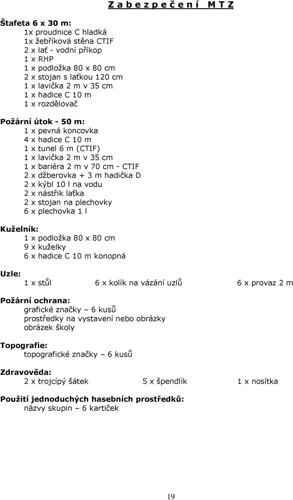 x nástřik laťka 2 x stojan na plechovky 6 x plechovka 1 l Kuželník: 1 x podložka 80 x 80 cm 9 x kuželky 6 x hadice C 10 m konopná Z a b e z p e č e n í M T Z Uzle: 1 x stůl 6 x kolík na vázání uzlů 6