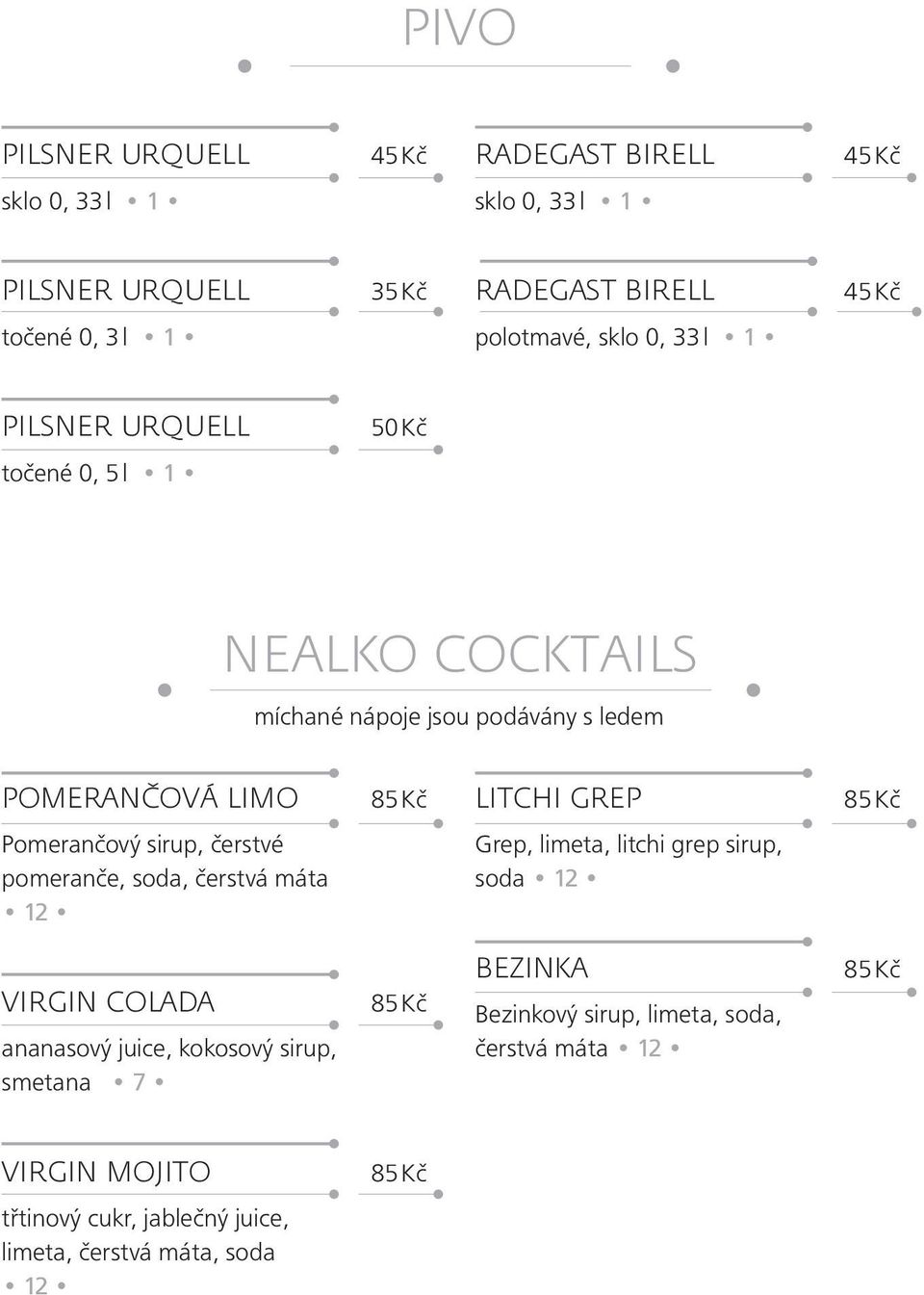 Pomerančový sirup, čerstvé pomeranče, soda, čerstvá máta 12 Grep, limeta, litchi grep sirup, soda 12 VIRGIN COLADA ananasový juice,