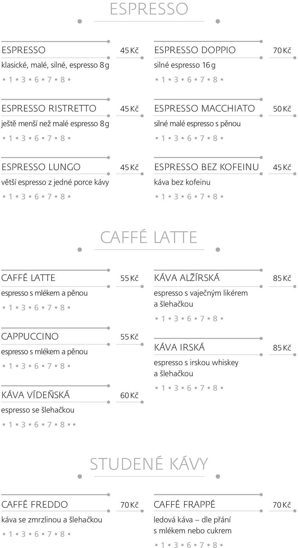 KÁVA ALŽÍRSKÁ espresso s mlékem a pěnou espresso s vaječným likérem a šlehačkou CAPPUCCINO espresso s mlékem a pěnou 55 Kč KÁVA IRSKÁ espresso s irskou whiskey