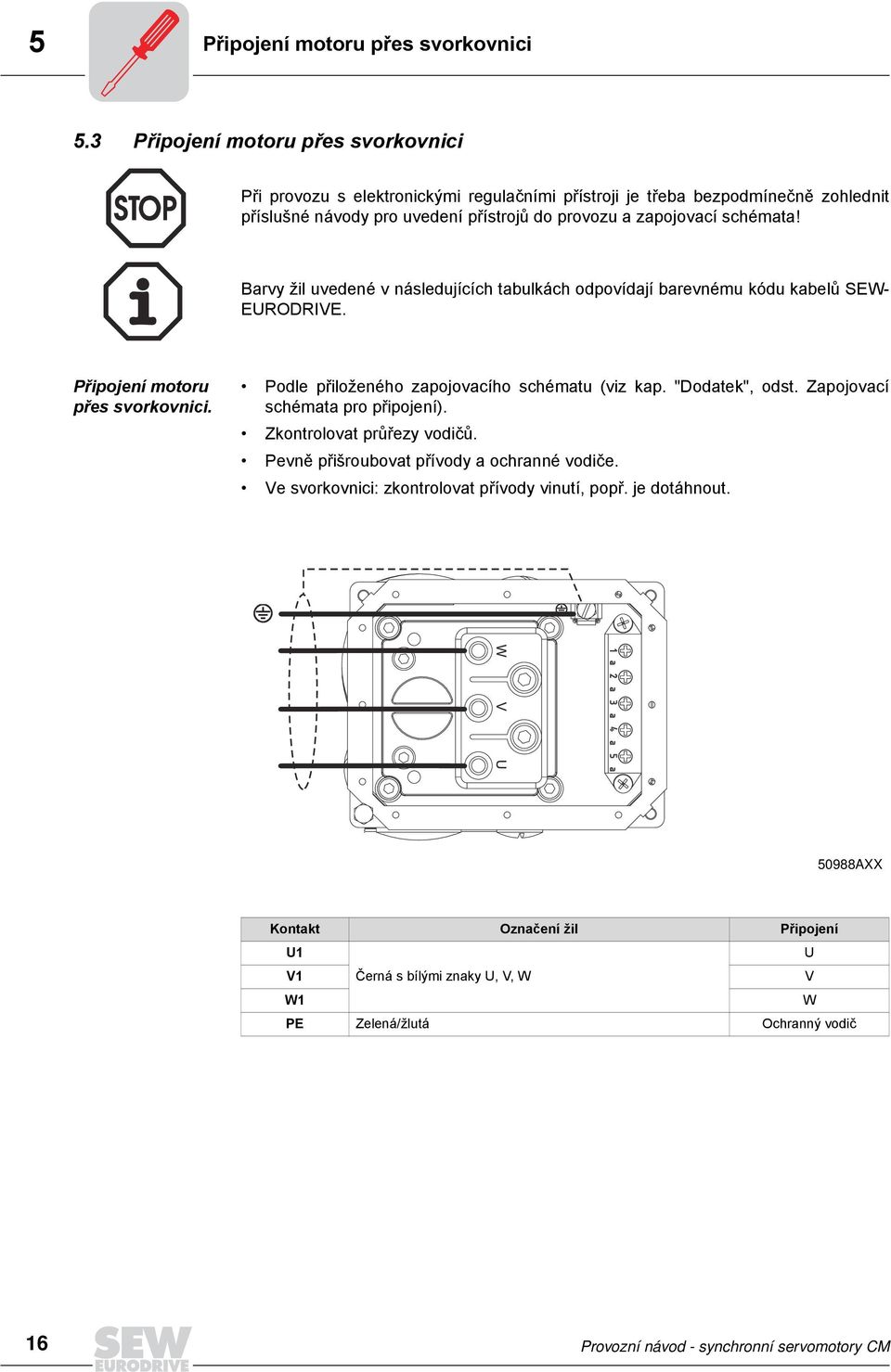 schémata! Barvy žil uvedené v následujících tabulkách odpovídají barevnému kódu kabelů SEW- EURODRIVE. Připojení motoru přes svorkovnici. Podle přiloženého zapojovacího schématu (viz kap.