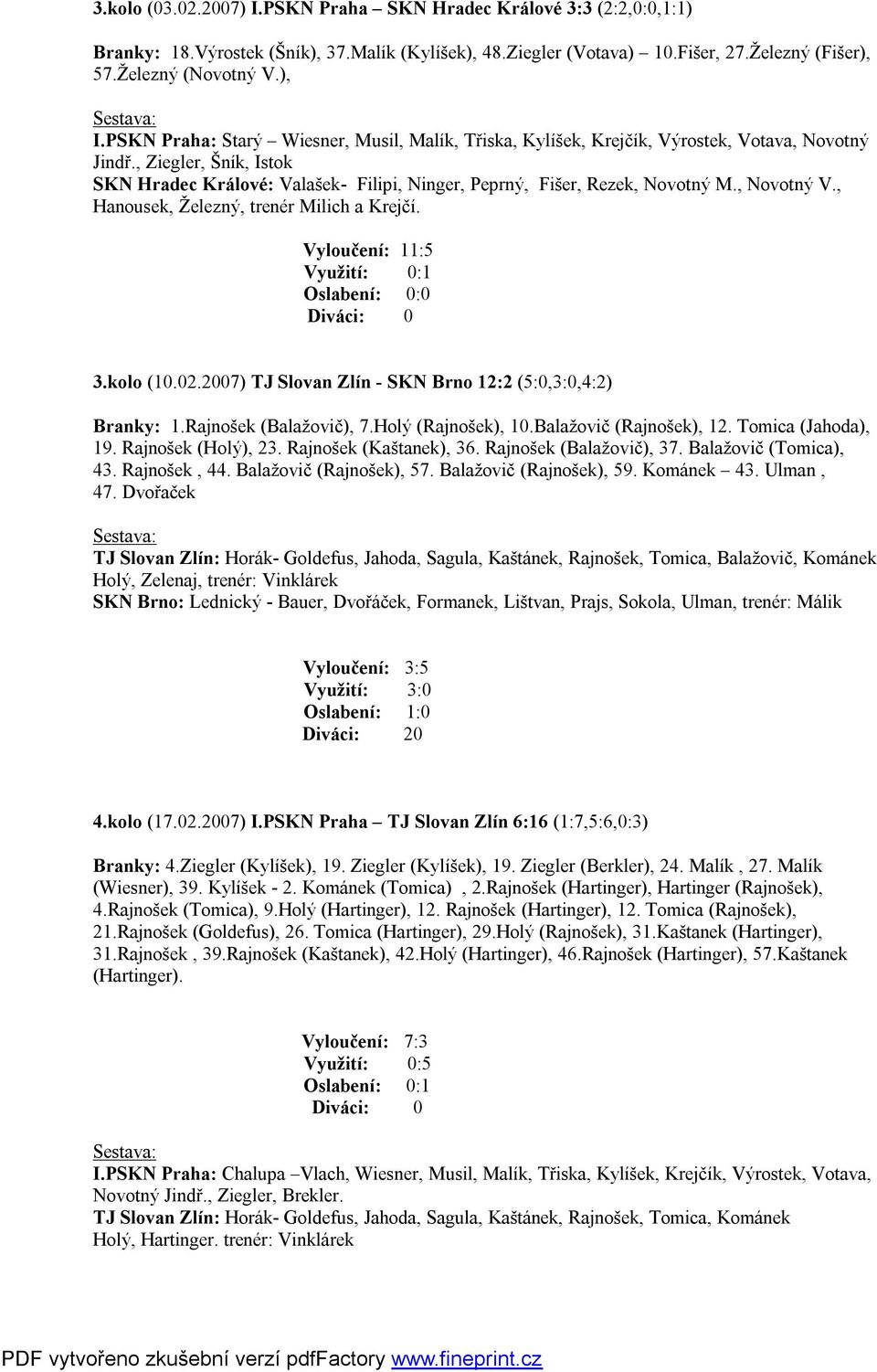 , Novotný V., Hanousek, Železný, trenér Milich a Krejčí. Vyloučení: 11:5 Využití: 0:1 Oslabení: 0:0 Diváci: 0 3.kolo (10.02.2007) TJ Slovan Zlín - SKN Brno 12:2 (5:0,3:0,4:2) Branky: 1.