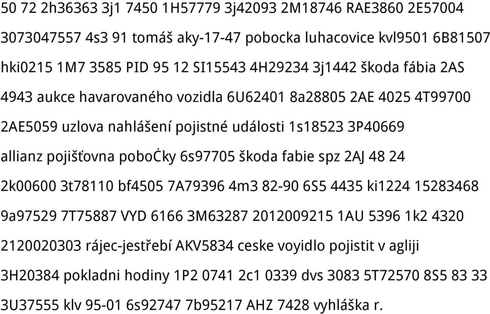 6s97705 škoda fabie spz 2AJ 48 24 2k00600 3t78110 bf4505 7A79396 4m3 82-90 6S5 4435 ki1224 15283468 9a97529 7T75887 VYD 6166 3M63287 2012009215 1AU 5396 1k2 4320 2120020303