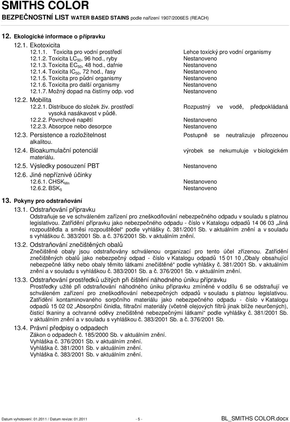 vod Nestanoveno 12.2. Mobilita 12.2.1. Distribuce do složek živ. prostředí Rozpustný ve vodě, předpokládaná vysoká nasákavost v půdě. 12.2.2. Povrchové napětí Nestanoveno 12.2.3.