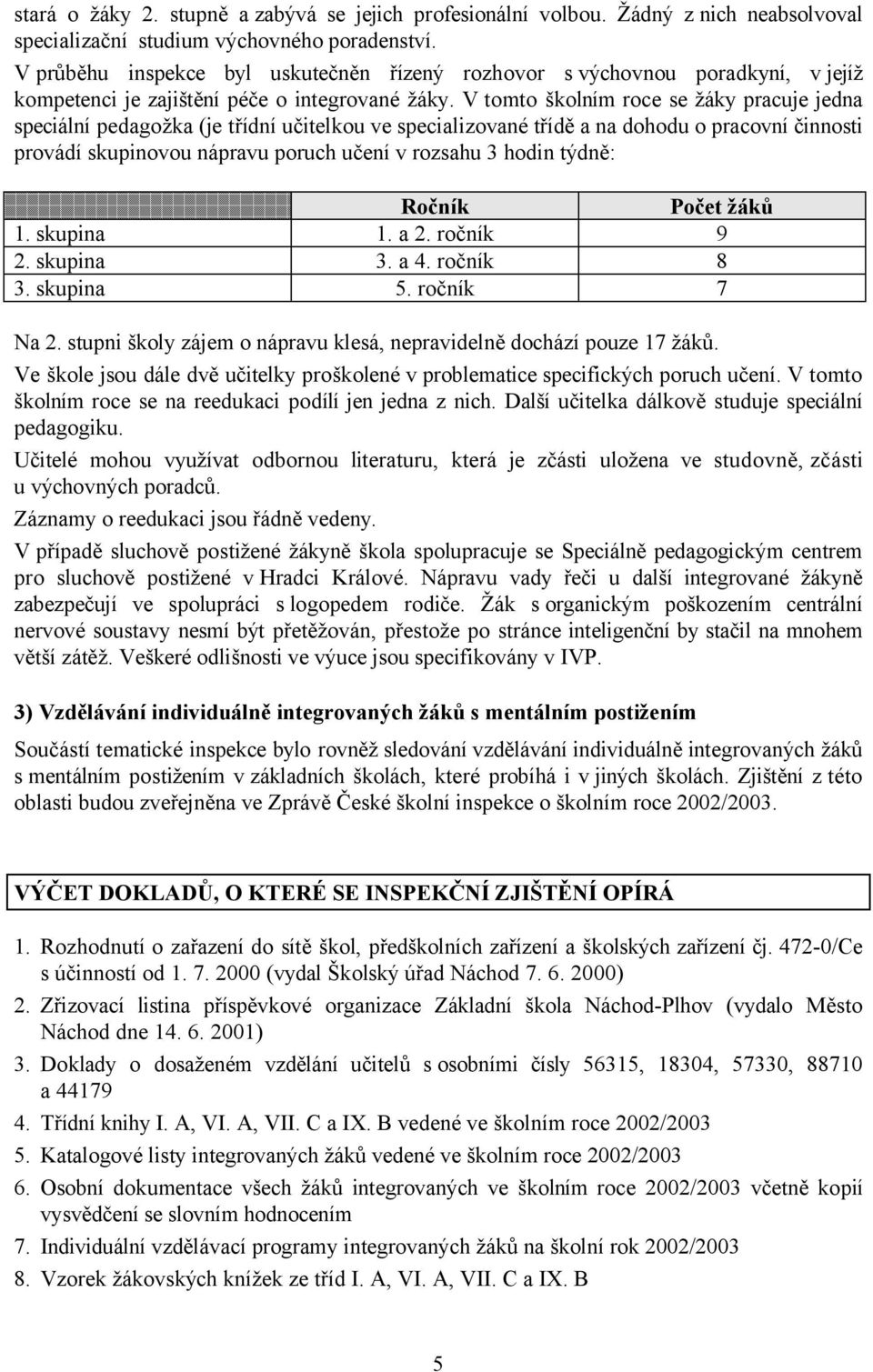 V tomto školním roce se žáky pracuje jedna speciální pedagožka (je třídní učitelkou ve specializované třídě a na dohodu o pracovní činnosti provádí skupinovou nápravu poruch učení v rozsahu 3 hodin