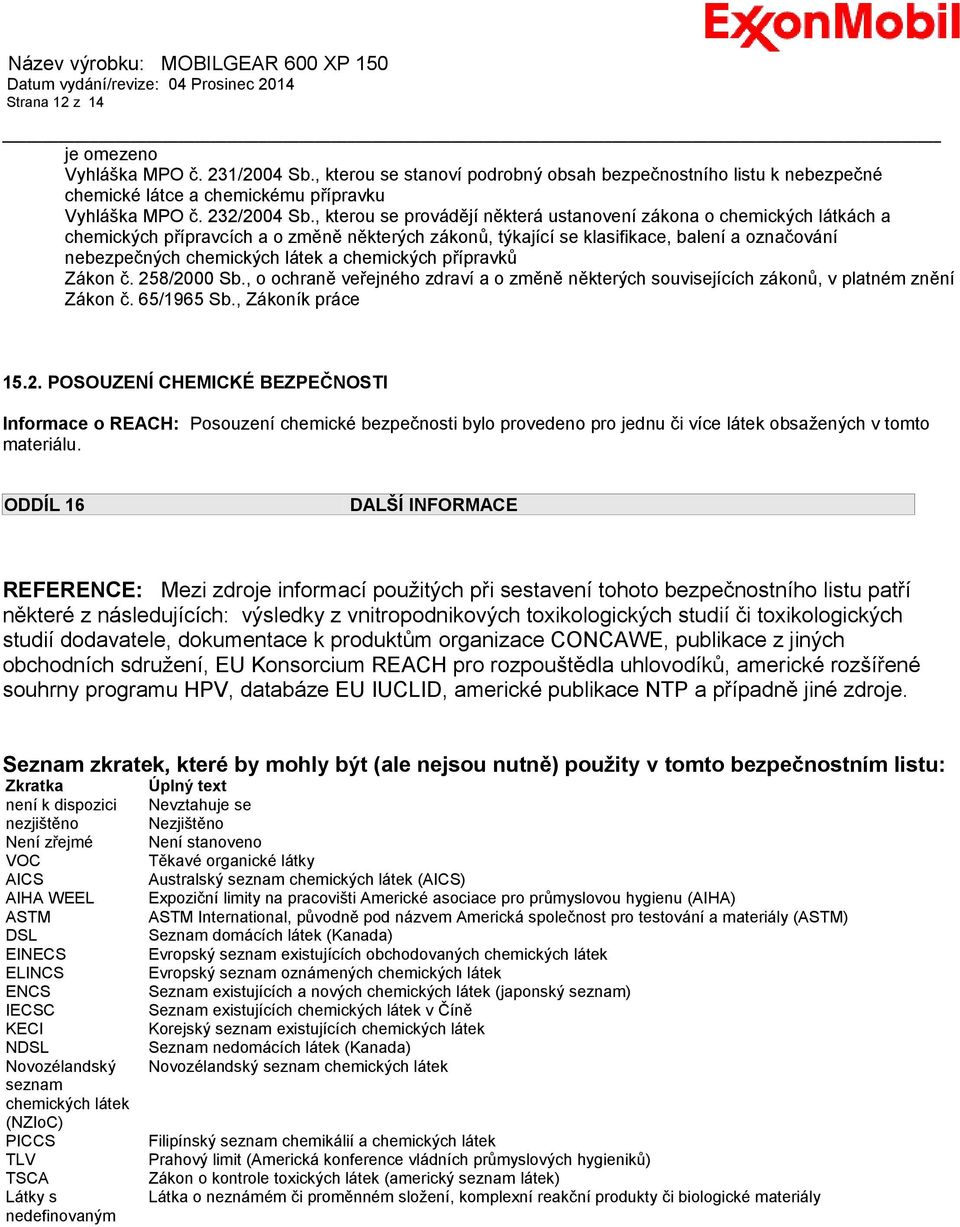 chemických přípravků Zákon č. 258/2000 Sb., o ochraně veřejného zdraví a o změně některých souvisejících zákonů, v platném znění Zákon č. 65/1965 Sb., Zákoník práce 15.2. POSOUZENÍ CHEMICKÉ BEZPEČNOSTI Informace o REACH: Posouzení chemické bezpečnosti bylo provedeno pro jednu či více látek obsažených v tomto materiálu.