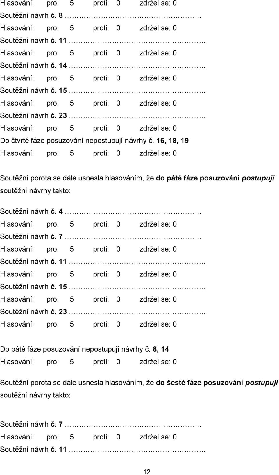 16, 18, 19 Soutěţní porota se dále usnesla hlasováním, ţe do páté fáze posuzování postupují soutěţní návrhy takto: Soutěţní návrh č.