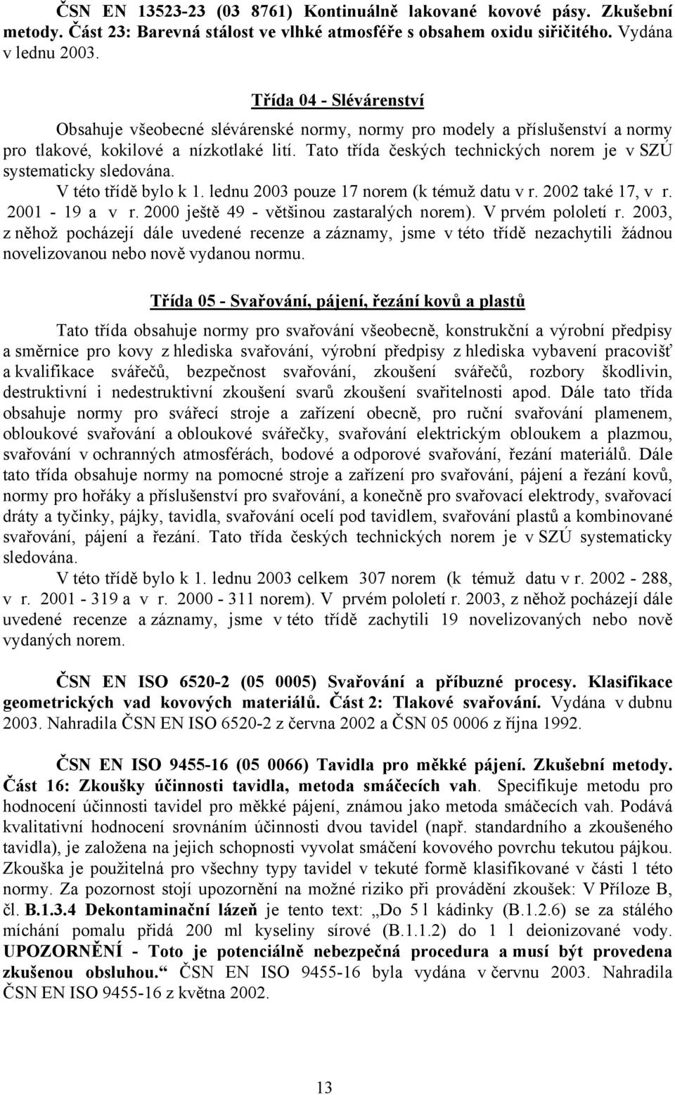 Tato třída českých technických norem je v SZÚ systematicky sledována. V této třídě bylo k 1. lednu 2003 pouze 17 norem (k témuž datu v r. 2002 také 17, v r. 2001-19 a v r.