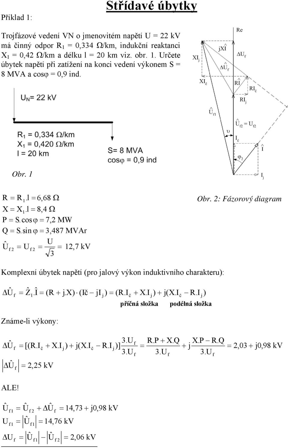 sin,487 MVr Û 1,7 V Obr. : Fázorový diagram omplexní úbyte napětí (pro jalový výon indutivního harateru): Û Ẑ.Î (R j.x) ( j ) (R. l j X.