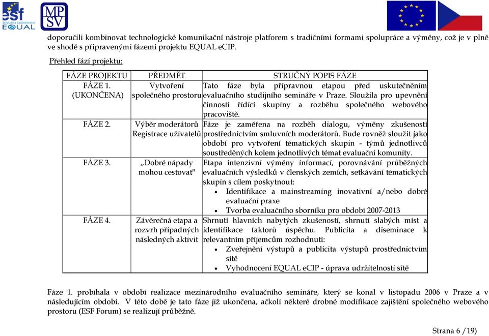 Vytvoření Tato fáze byla přípravnou etapou před uskutečněním (UKONČENA) společného prostoru evaluačního studijního semináře v Praze.