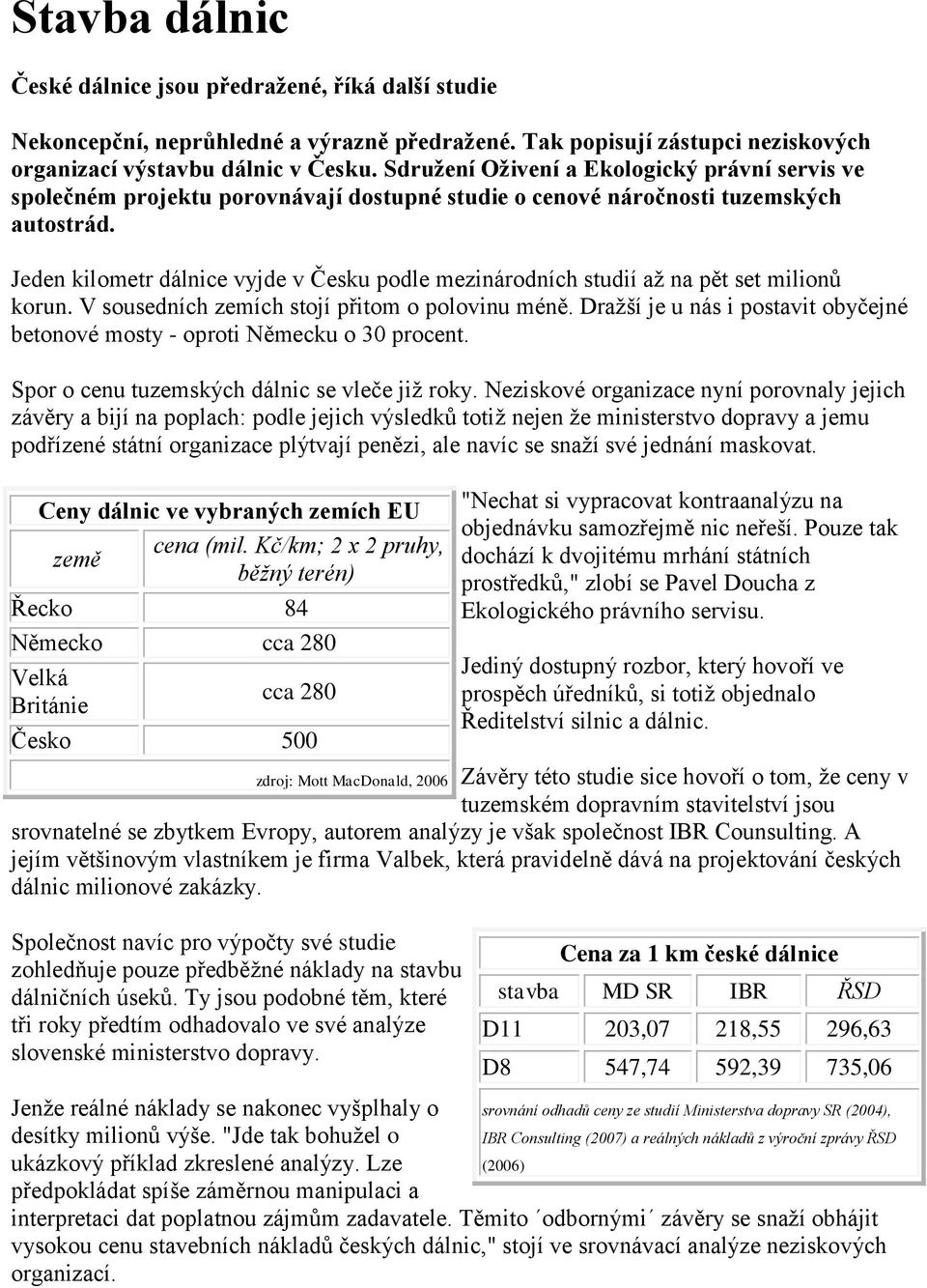 Jeden kilometr dálnice vyjde v Česku podle mezinárodních studií až na pět set milionů korun. V sousedních zemích stojí přitom o polovinu méně.