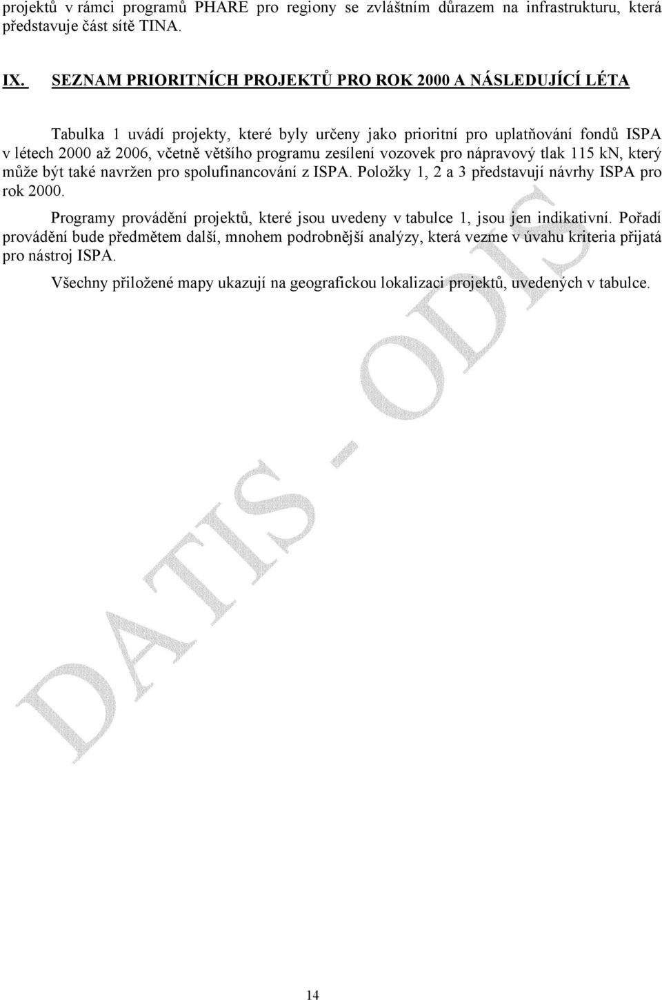 programu zesílení vozovek pro nápravový tlak 115 kn, který může být také navržen pro spolufinancování z ISPA. Položky 1, 2 a 3 představují návrhy ISPA pro rok 2000.