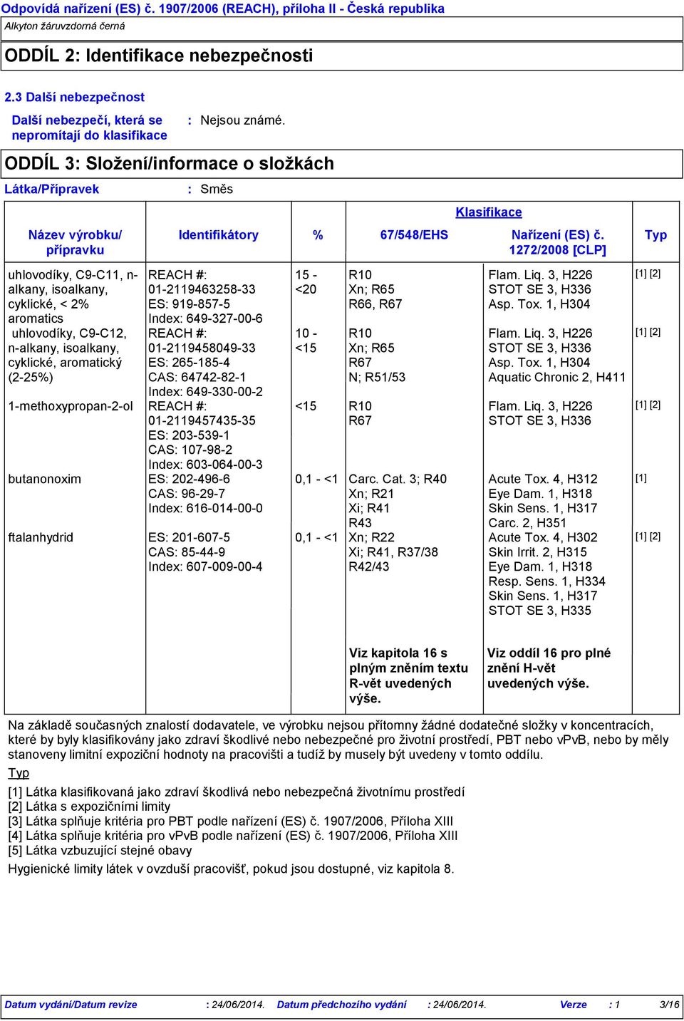 Typ 1272/2008 [CLP] uhlovodíky, C9-C11, n- alkany, isoalkany, cyklické, < 2% aromatics uhlovodíky, C9-C12, n-alkany, isoalkany, cyklické, aromatický (2-25%) REACH # 01-2119463258-33 ES 919-857-5