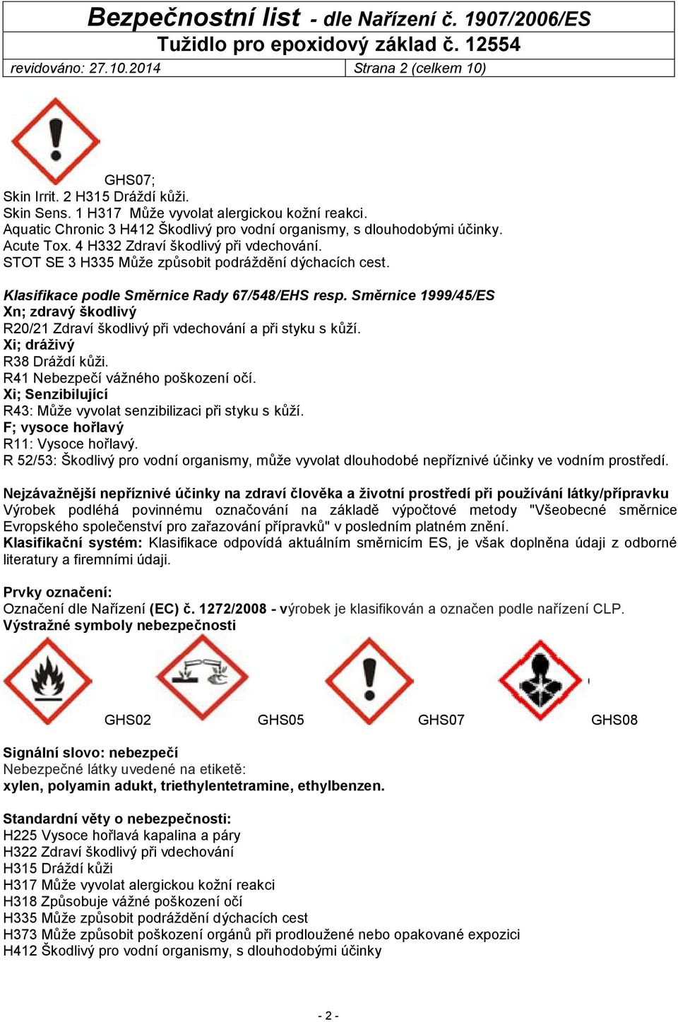 Klasifikace podle Směrnice Rady 67/548/EHS resp. Směrnice 1999/45/ES Xn; zdravý škodlivý R20/21 Zdraví škodlivý při vdechování a při styku s kůží. Xi; dráživý R38 Dráždí kůži.