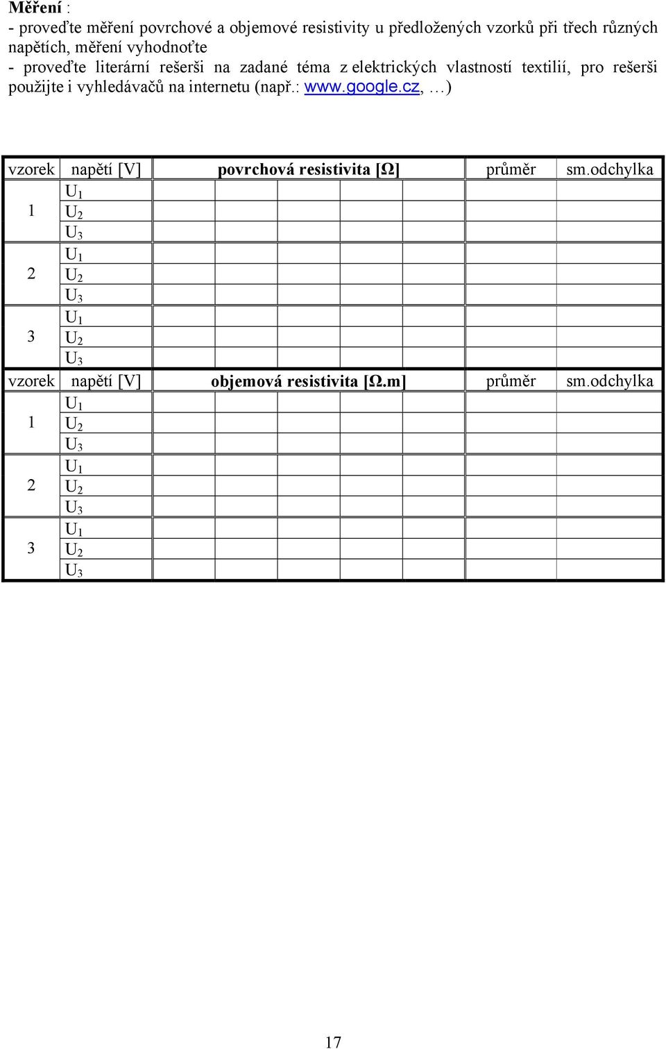 použte vyhledávačů na nternetu např.: www.google.cz, vzorek napětí [V] povrchová resstvta [Ω] průěr s.
