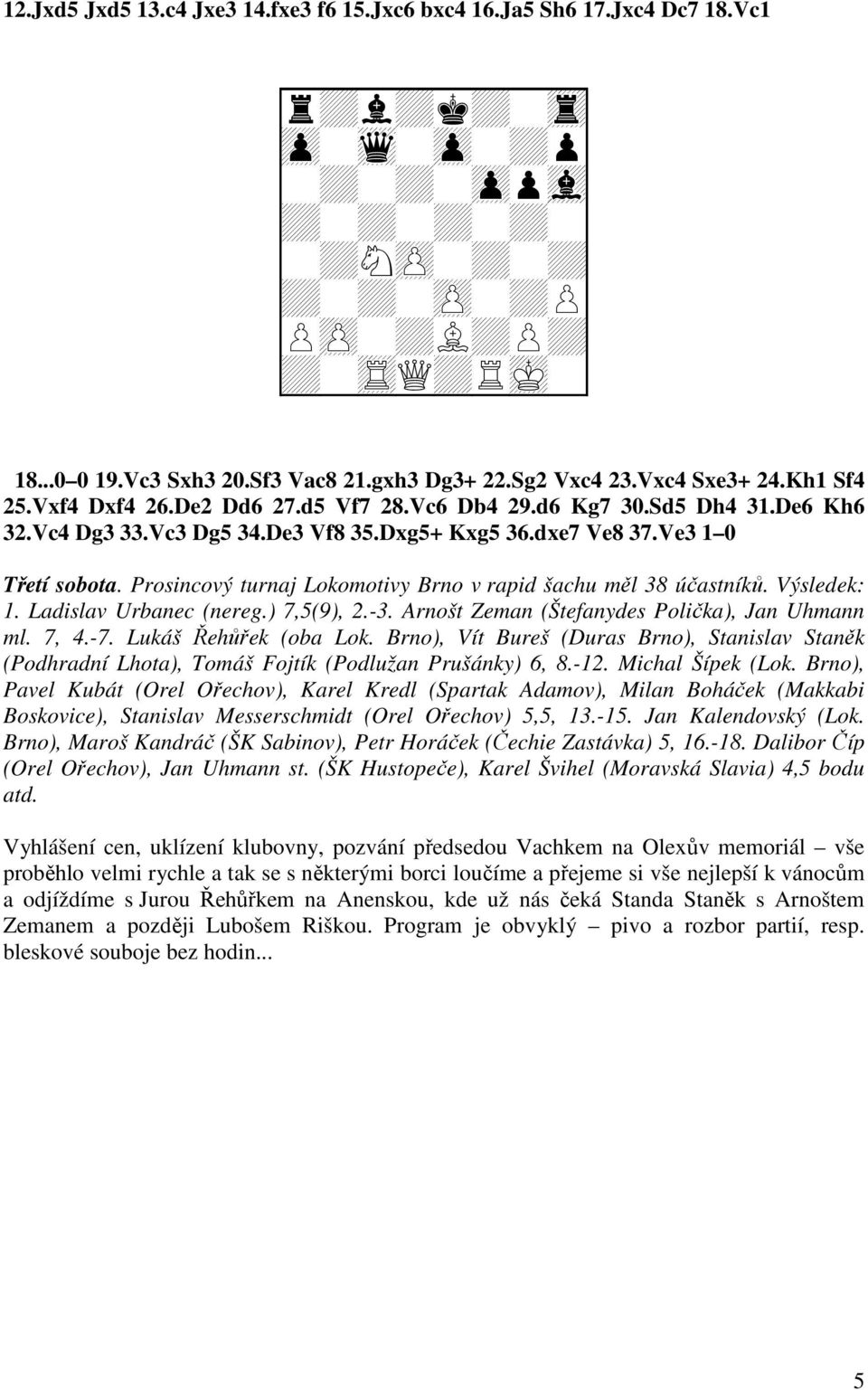 Prosincový turnaj Lokomotivy Brno v rapid šachu měl 38 účastníků. Výsledek: 1. Ladislav Urbanec (nereg.) 7,5(9), 2.-3. Arnošt Zeman (Štefanydes Polička), Jan Uhmann ml. 7, 4.-7.