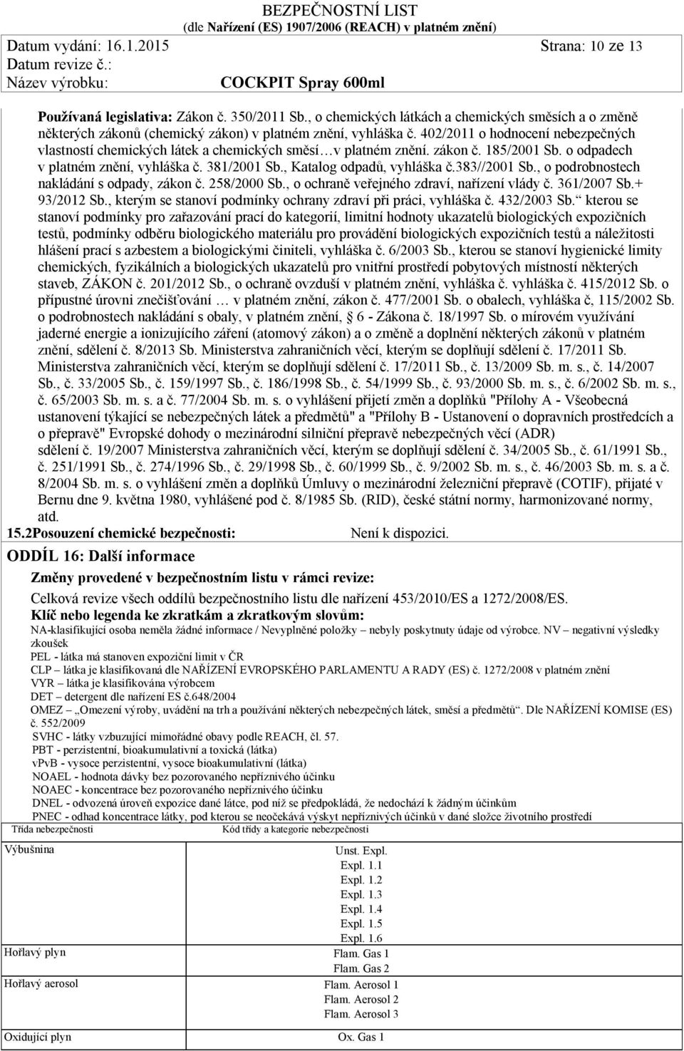 402/2011 o hodnocení nebezpečných vlastností chemických látek a chemických směsí v platném znění. zákon č. 185/2001 Sb. o odpadech v platném znění, vyhláška č. 381/2001 Sb.