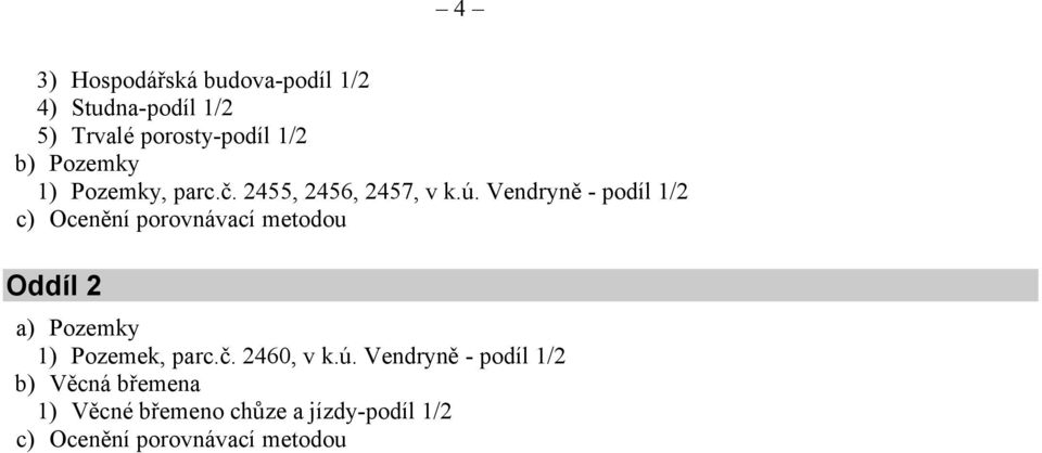 Vendryně - podíl 1/2 c) Ocenění porovnávací metodou Oddíl 2 a) Pozemky 1) Pozemek, parc.
