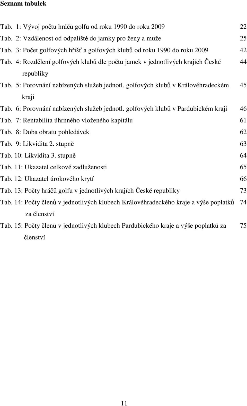 5: Porovnání nabízených služeb jednotl. golfových klubů v Královéhradeckém 45 kraji Tab. 6: Porovnání nabízených služeb jednotl. golfových klubů v Pardubickém kraji 46 Tab.