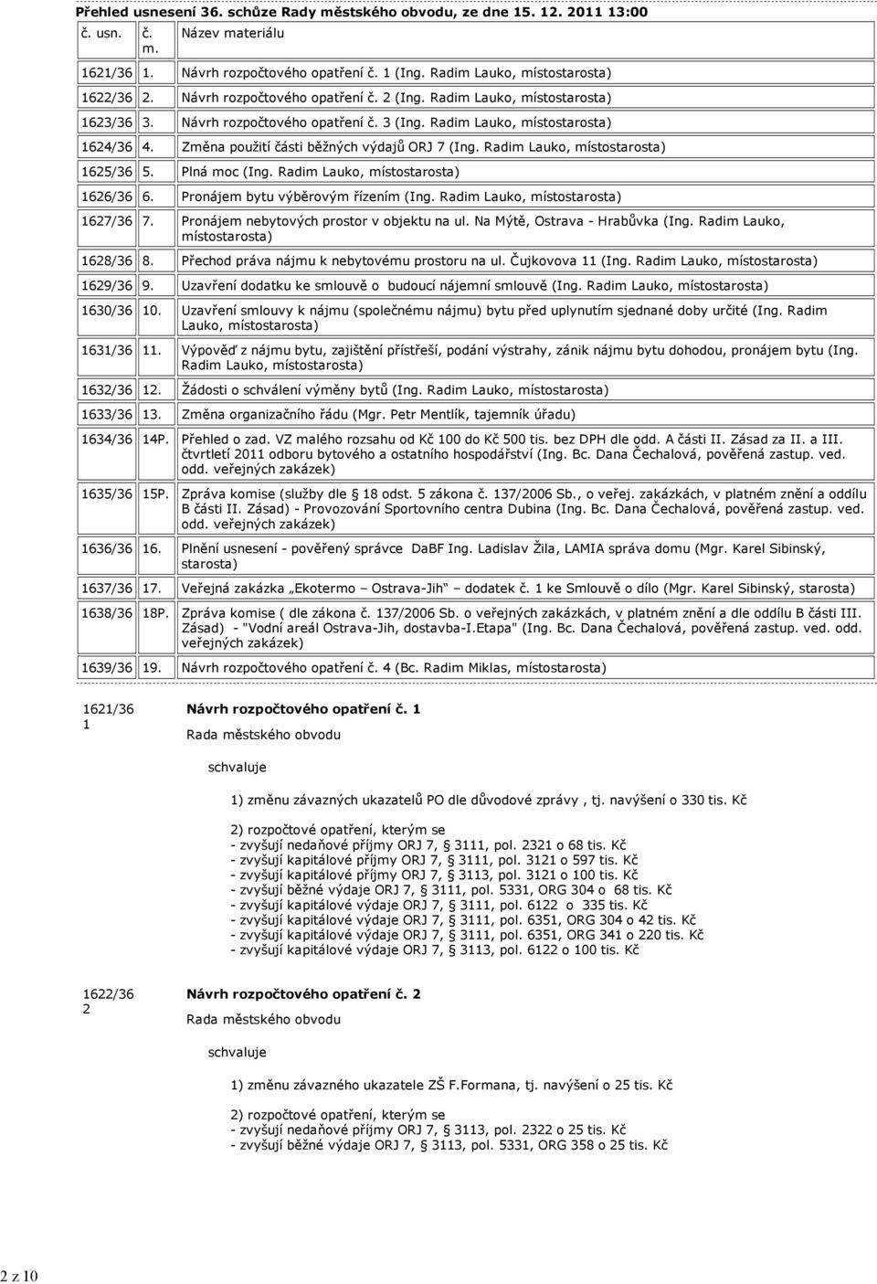 Změna použití části běžných výdajů ORJ 7 (Ing. Radim Lauko, místostarosta) 1625/36 5. Plná moc (Ing. Radim Lauko, místostarosta) 1626/36 6. Pronájem bytu výběrovým řízením (Ing.