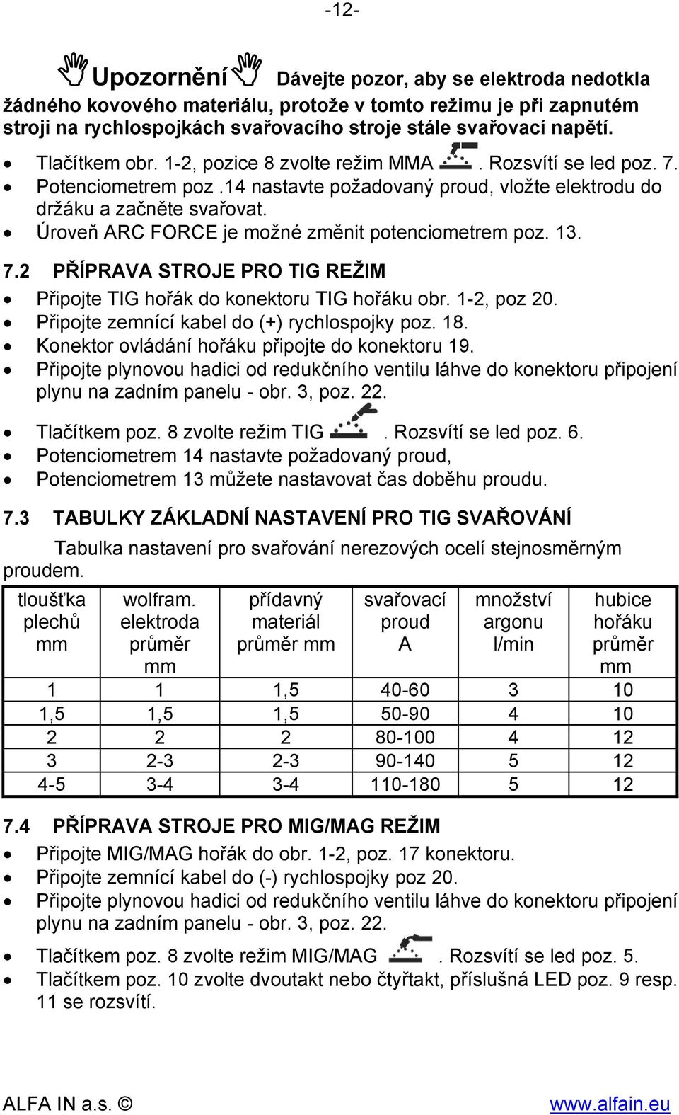 Úroveň ARC FORCE je možné změnit potenciometrem poz. 13. 7.2 PŘÍPRAVA STROJE PRO TIG REŽIM Připojte TIG hořák do konektoru TIG hořáku obr. 1-2, poz 20. Připojte zemnící kabel do (+) rychlospojky poz.