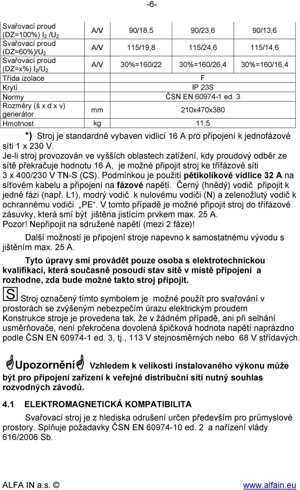 3 Rozměry (š x d x v) mm 210x470x380 generátor Hmotnost kg 11,5 *) Stroj je standardně vybaven vidlicí 16 A pro připojení k jednofázové síti 1 x 230 V.