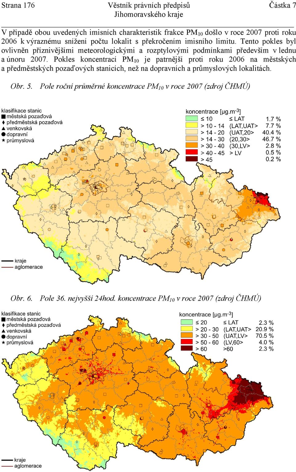 Pokles koncentrací PM10 je patrnější proti roku 2006 na městských a předměstských pozaďových stanicích, než na dopravních a průmyslových