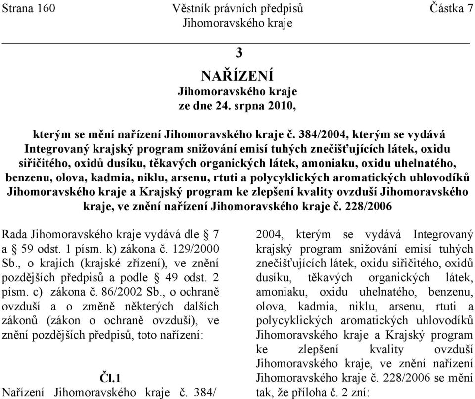 olova, kadmia, niklu, arsenu, rtuti a polycyklických aromatických uhlovodíků a Krajský program ke zlepšení kvality ovzduší Jihomoravského kraje, ve znění nařízení č.