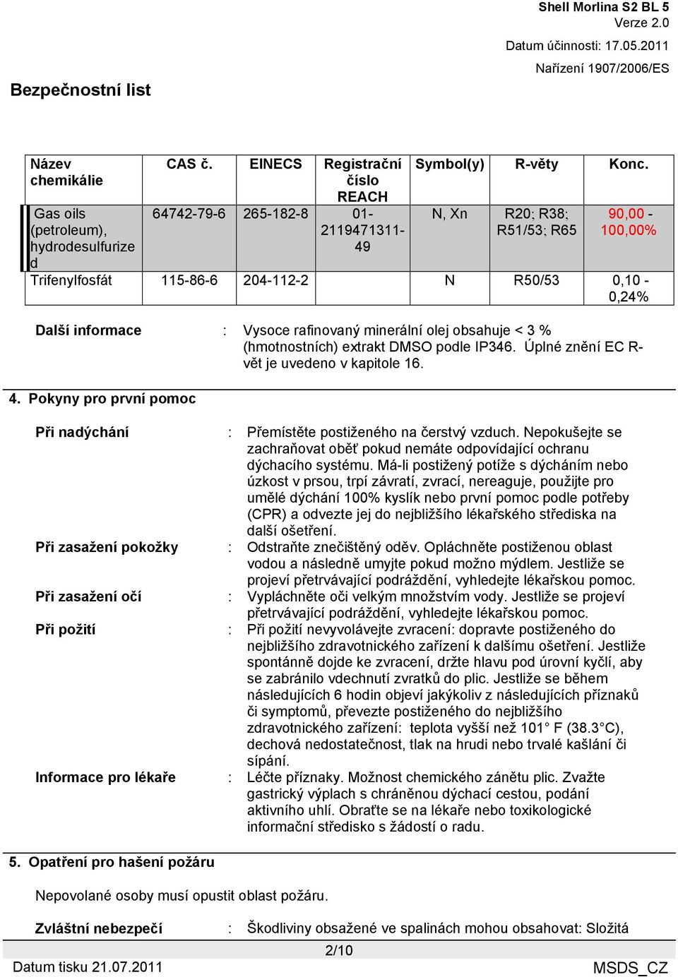 IP346. Úplné znění EC R- vět je uvedeno v kapitole 16. 4. Pokyny pro první pomoc Při nadýchání : Přemístěte postiženého na čerstvý vzduch.