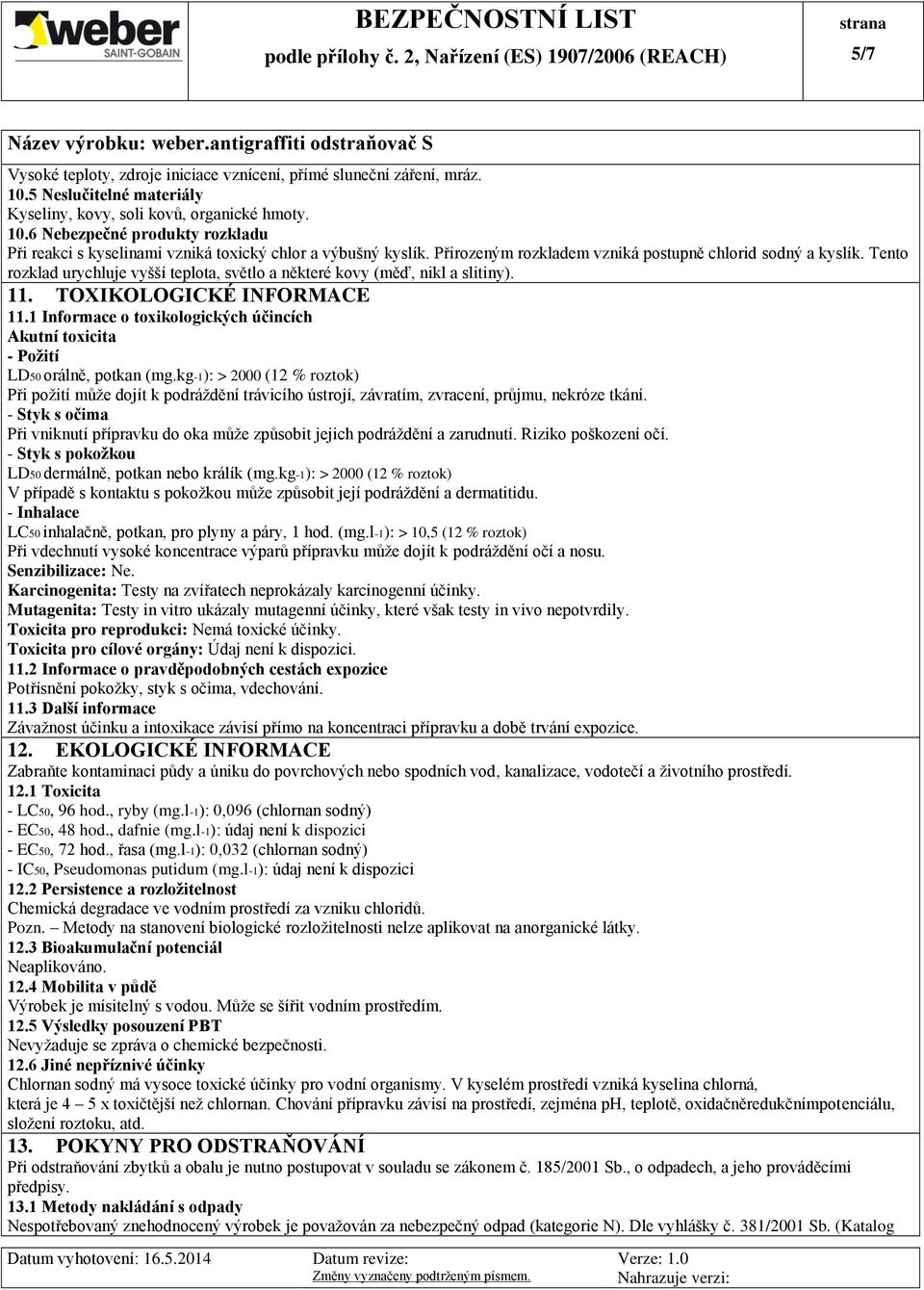 1 Informace o toxikologických účincích Akutní toxicita - Požití LD50 orálně, potkan (mg.