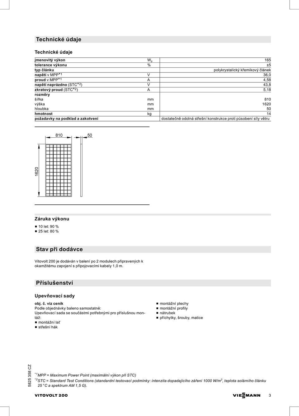 výkonu & 10 let: 90 % & 25 let: 80 % Stav při dodávce Vitovolt 200 je dodáván v balení po 2 modulech připravených k okamžitému zapojení s připojovacími kabely 1,0 m. Příslušenství Upevňovací sady obj.