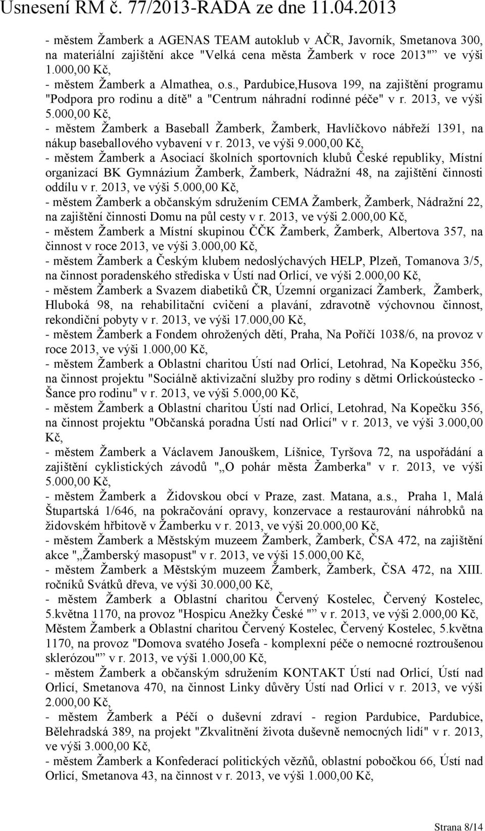 000,00 Kč, - městem Žamberk a Asociací školních sportovních klubů České republiky, Místní organizací BK Gymnázium Žamberk, Žamberk, Nádražní 48, na zajištění činnosti oddílu v r. 2013, ve výši 5.