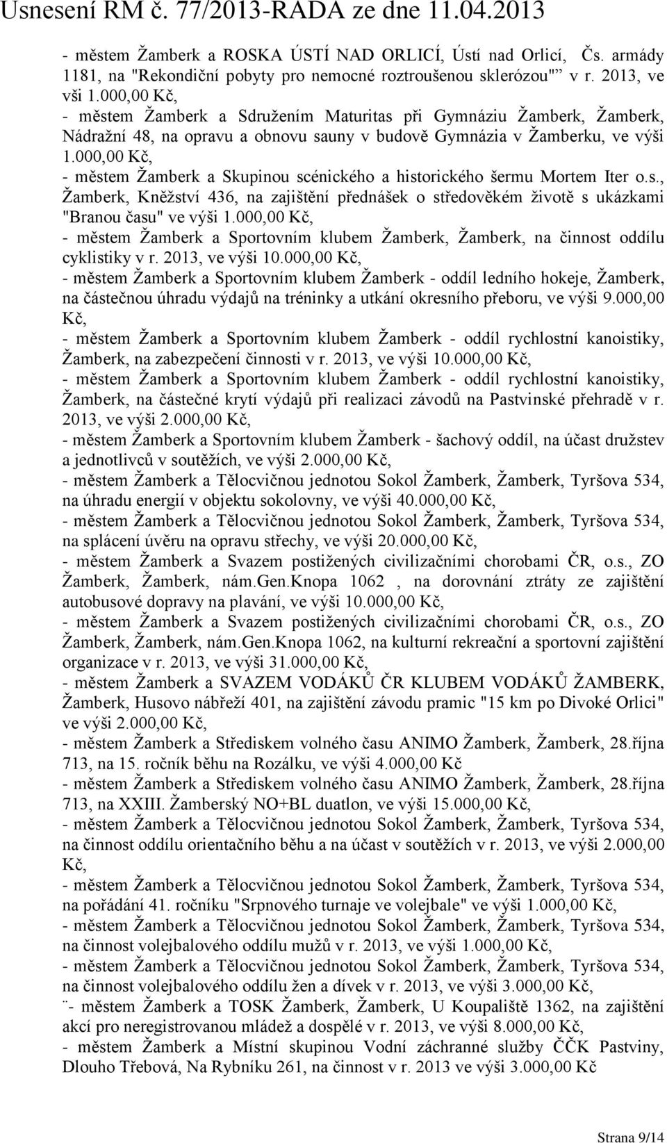 000,00 Kč, - městem Žamberk a Skupinou scénického a historického šermu Mortem Iter o.s., Žamberk, Kněžství 436, na zajištění přednášek o středověkém životě s ukázkami "Branou času" ve výši 1.