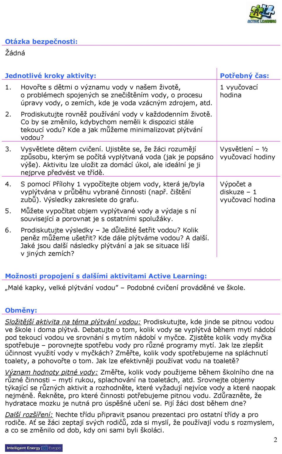 Prodiskutujte rovněž používání vody v každodenním životě. Co by se změnilo, kdybychom neměli k dispozici stále tekoucí vodu? Kde a jak můžeme minimalizovat plýtvání vodou? 3. Vysvětlete dětem cvičení.