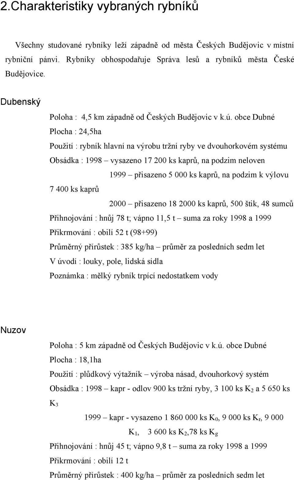 obce Dubné Plocha : 24,5ha Použití : rybník hlavní na výrobu tržní ryby ve dvouhorkovém systému Obsádka : 1998 vysazeno 17 200 ks kaprů, na podzim neloven 1999 přisazeno 5 000 ks kaprů, na podzim k