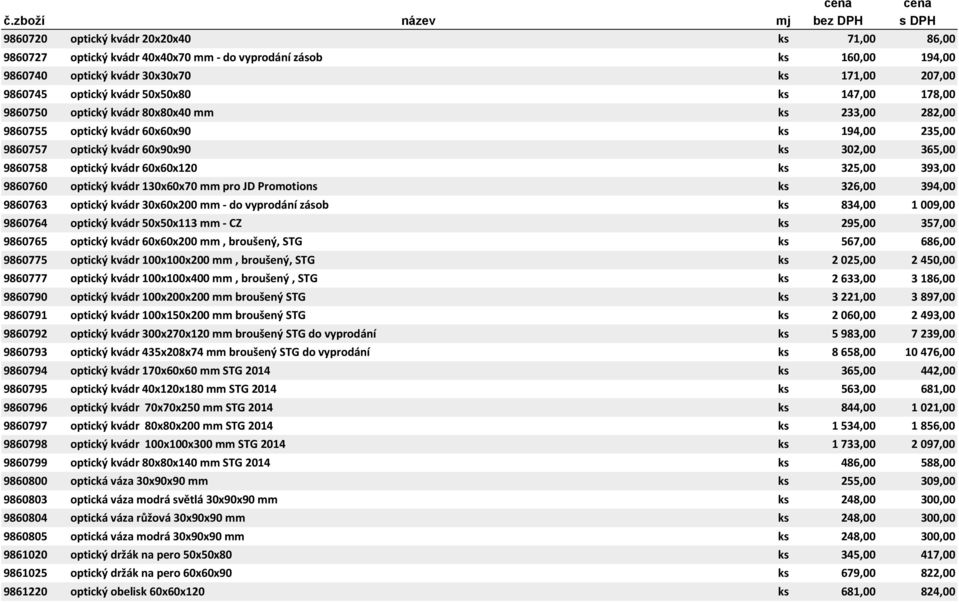 325,00 393,00 9860760 optický kvádr 130x60x70 mm pro JD Promotions ks 326,00 394,00 9860763 optický kvádr 30x60x200 mm - do vyprodání zásob ks 834,00 9860764 optický kvádr 50x50x113 mm - CZ ks 295,00
