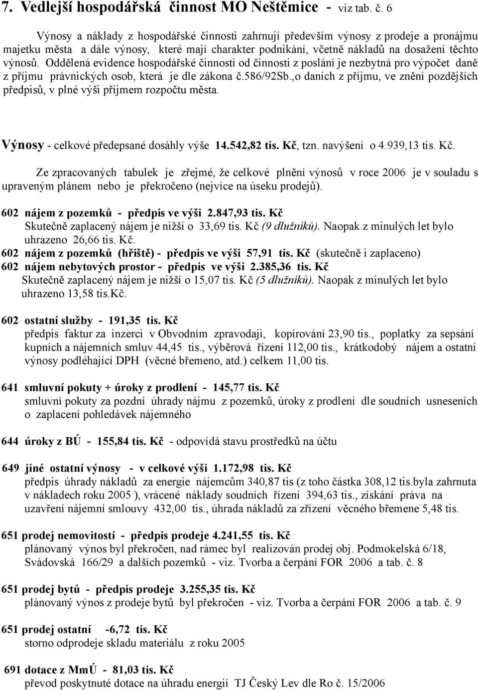 6 Výnosy a náklady z hospodářské činnosti zahrnují především výnosy z prodeje a pronájmu majetku města a dále výnosy, které mají charakter podnikání, včetně nákladů na dosažení těchto výnosů.