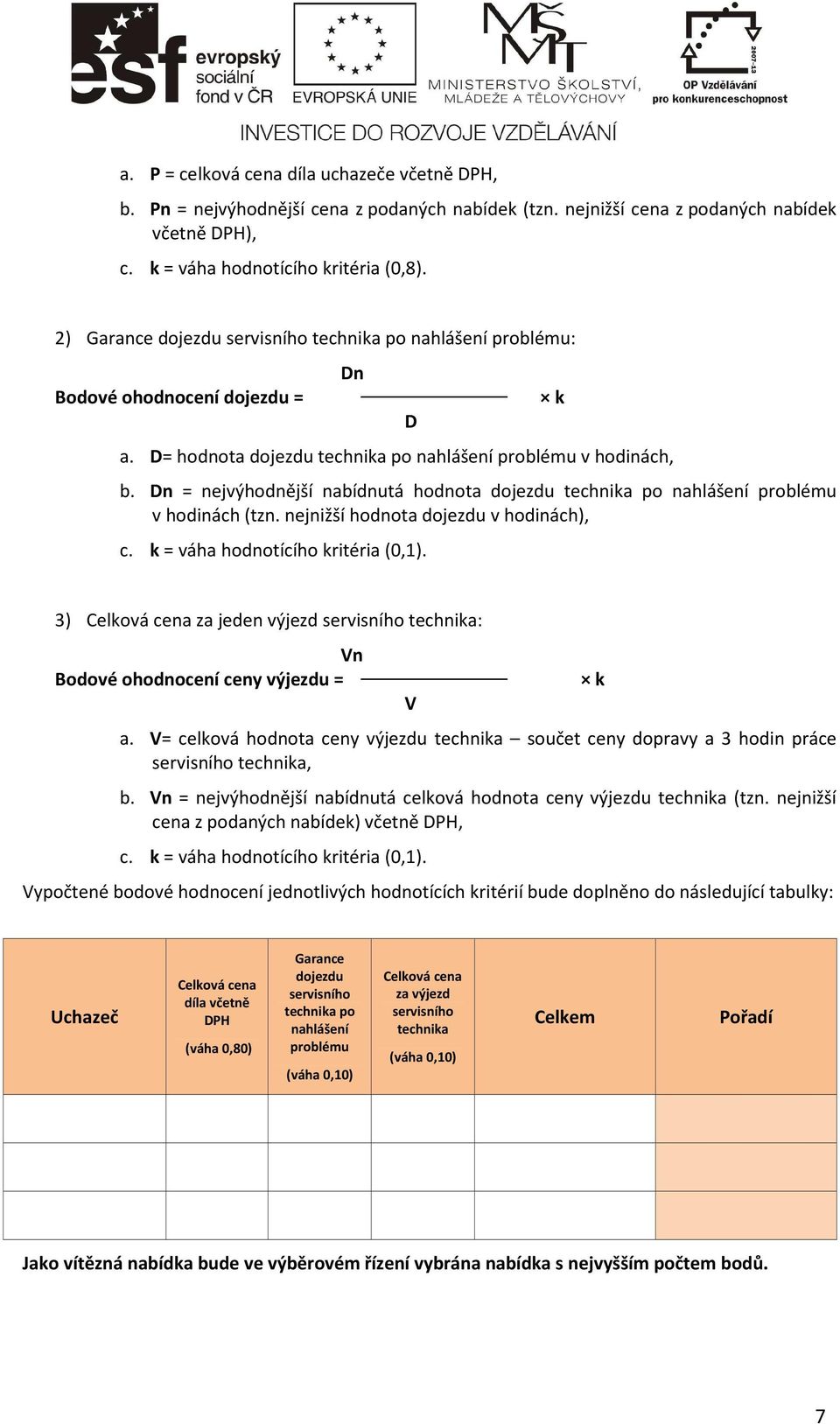 Dn = nejvýhodnější nabídnutá hodnota dojezdu technika po nahlášení problému v hodinách (tzn. nejnižší hodnota dojezdu v hodinách), c. k = váha hodnotícího kritéria (0,1).