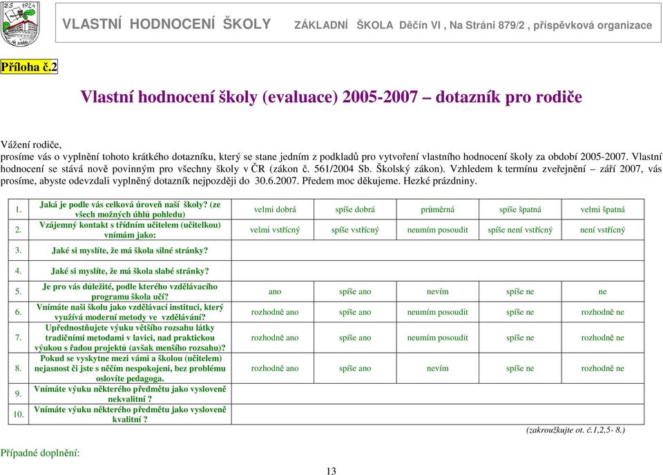 za období 2527. Vlastní hodnocení se stává nově povinným pro všechny školy v ČR (zákon č. 56/24 Sb. Školský zákon).