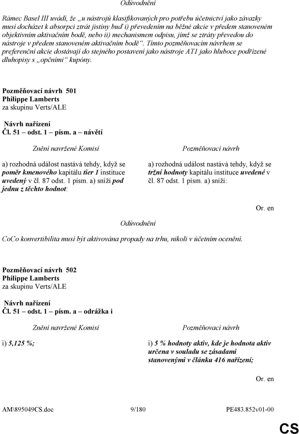 Tímto pozměňovacím návrhem se preferenční akcie dostávají do stejného postavení jako nástroje AT1 jako hluboce podřízené dluhopisy s opčními kupóny. 501 Philippe Lamberts za skupinu Verts/ALE Čl.