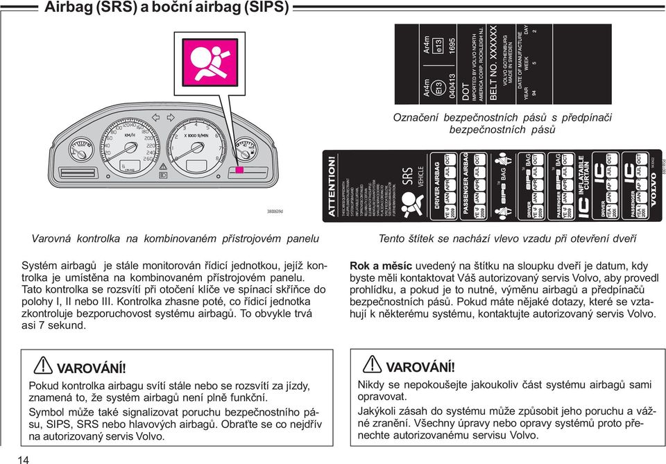 SRS VEHICLE TM TM TM 9430422 8801995d Varovná kontrolka na kombinovaném pøístrojovém panelu Systém airbagù je stále monitorován øídicí jednotkou, jejíž kontrolka je umístìna na kombinovaném