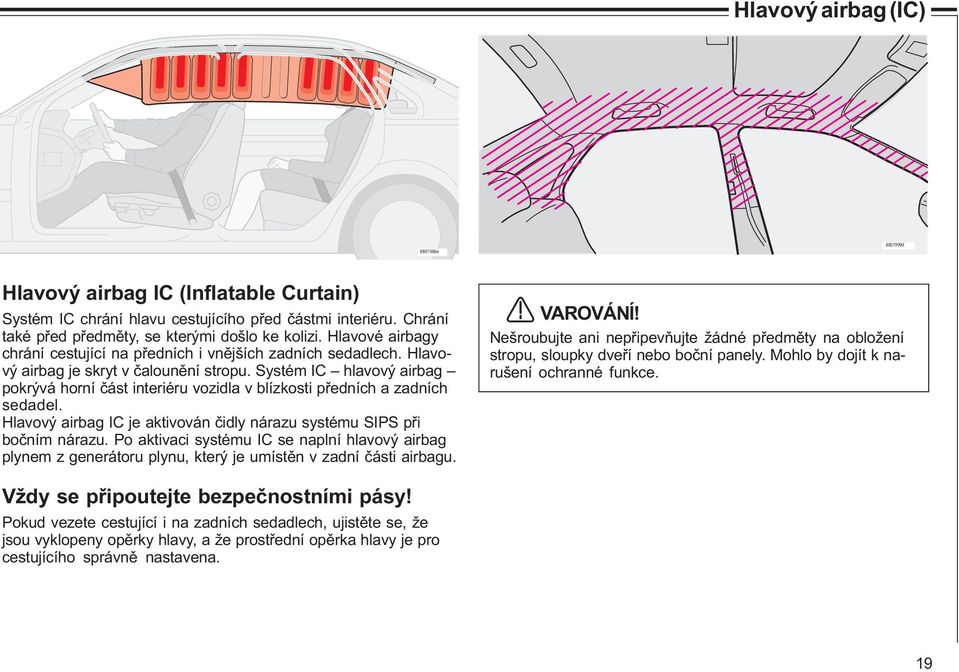 Systém IC hlavový airbag pokrývá horní èást interiéru vozidla v blízkosti pøedních a zadních sedadel. Hlavový airbag IC je aktivován èidly nárazu systému SIPS pøi boèním nárazu.