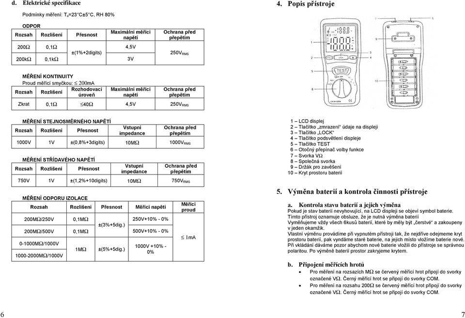 úroveň Maximální měřící napětí Zkrat 0,1Ω 40Ω 4,5V 250V RMS MĚŘENÍ STEJNOSMĚRNÉHO NAPĚTÍ Rozsah Rozlišení Přesnost Vstupní impedance 1000V 1V ±(0,8%+3digits) 10MΩ 1000V RMS MĚŘENÍ STŘÍDAVÉHO NAPĚTÍ