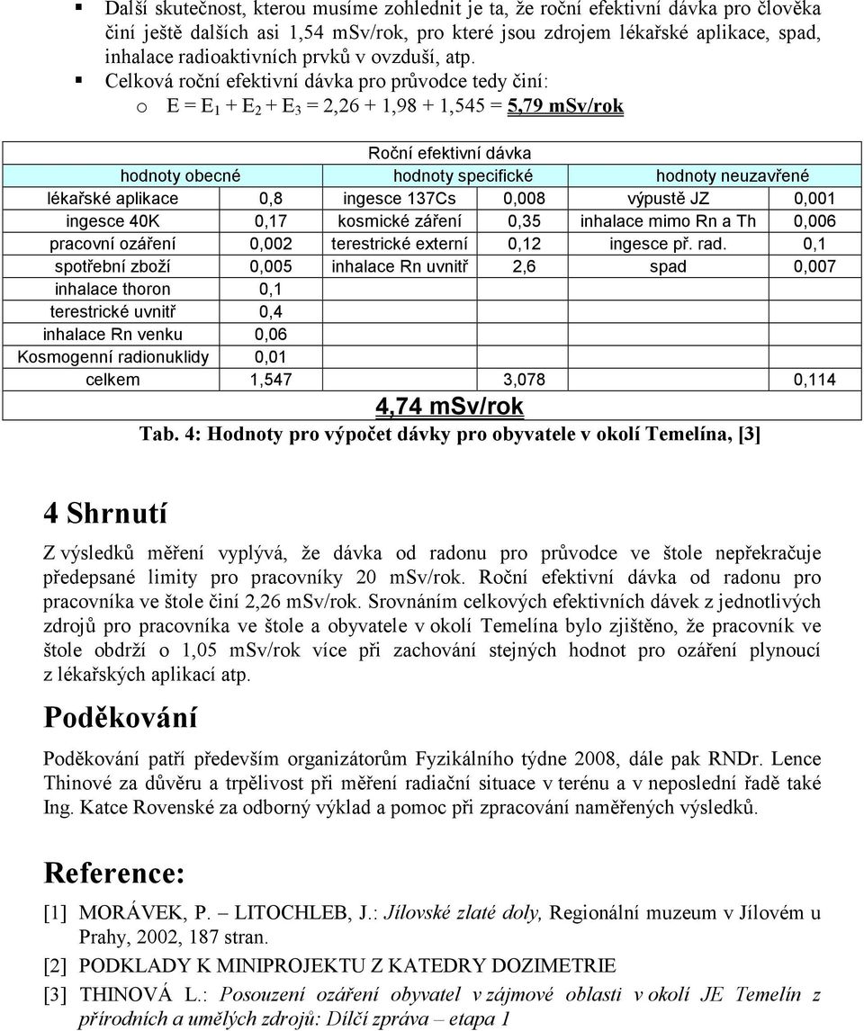 Celková roční efektivní dávka pro průvodce tedy činí: o E = E 1 + E 2 + E 3 = 2,26 + 1,98 + 1,545 = 5,79 msv/rok Roční efektivní dávka hodnoty obecné hodnoty specifické hodnoty neuzavřené lékařské