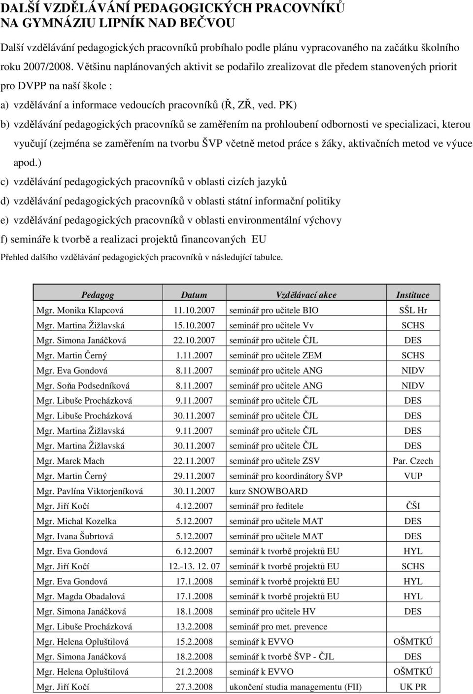 PK) b) vzdělávání pedagogických pracovníků se zaměřením na prohloubení odbornosti ve specializaci, kterou vyučují (zejména se zaměřením na tvorbu ŠVP včetně metod práce s žáky, aktivačních metod ve